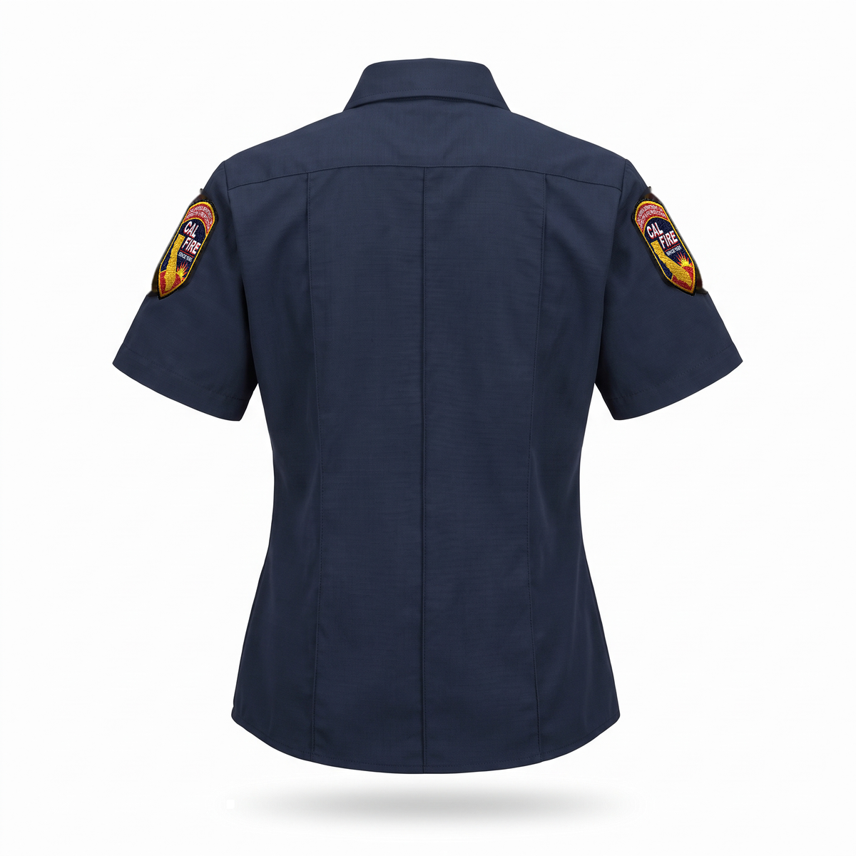 CAL FIRE Womens WorkRite Short Sleeve Nomex shirt, back view with sewn-in creases and shoulder patches on both sleeves