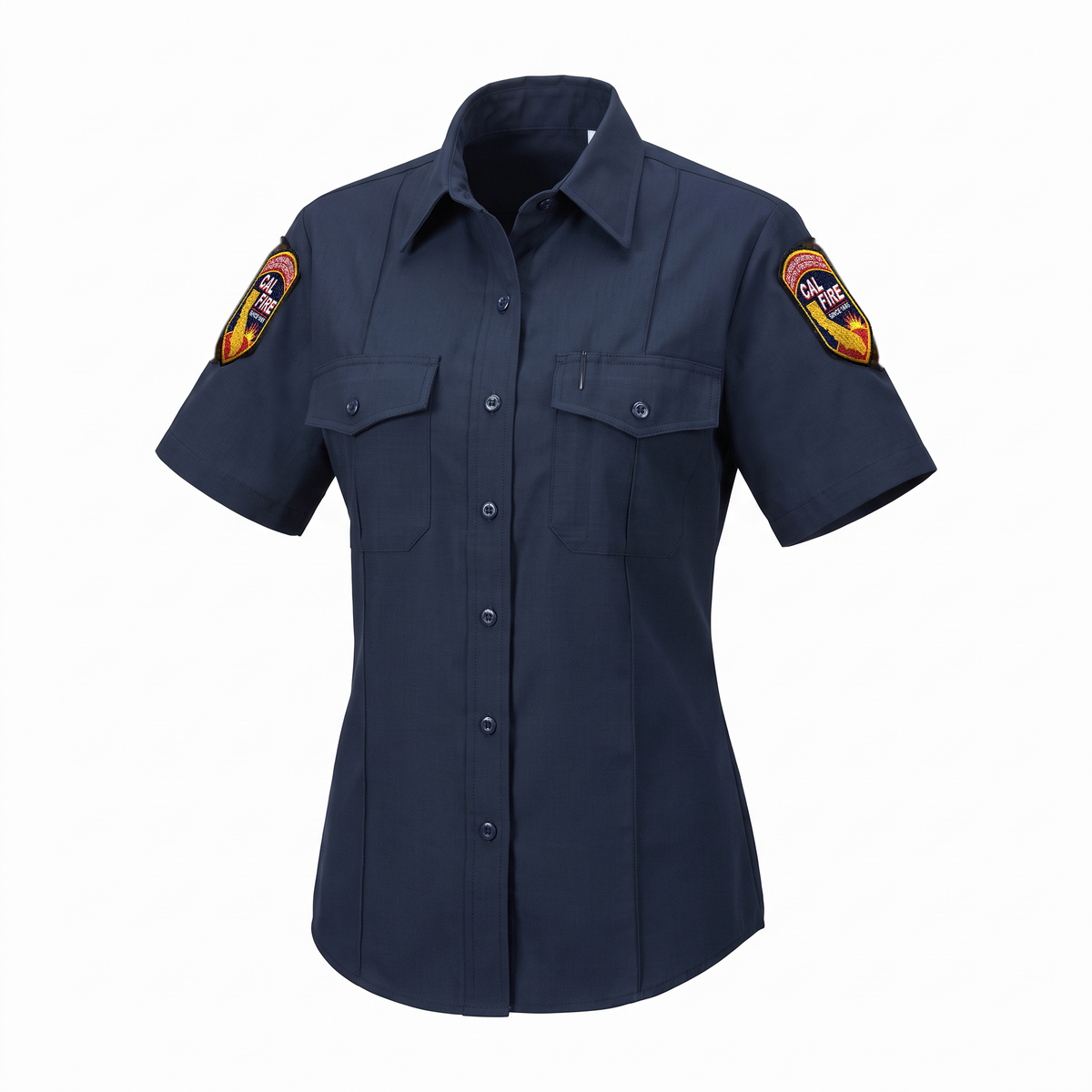 CAL FIRE Womens WorkRite Short Sleeve Nomex shirt, front view, midnight navy Nomex IIIA womens cut with embroidered CAL FIRE shoulder patches