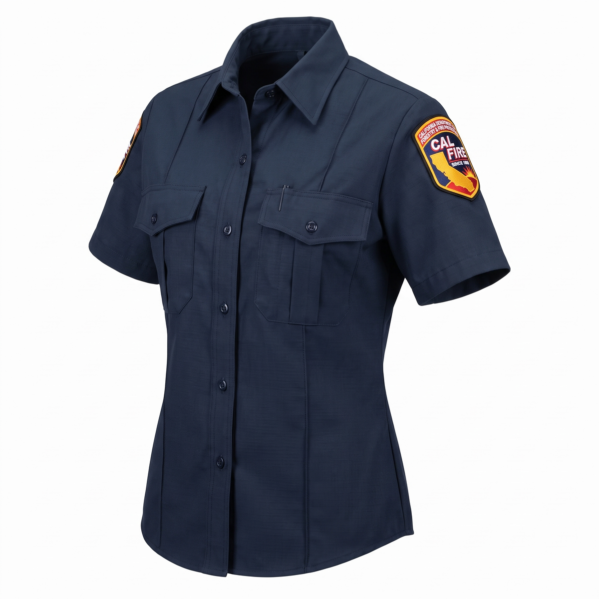 CAL FIRE Womens WorkRite Short Sleeve Nomex shirt, right three-quarter view showing the shoulder patch, chest pockets and shaped side seams