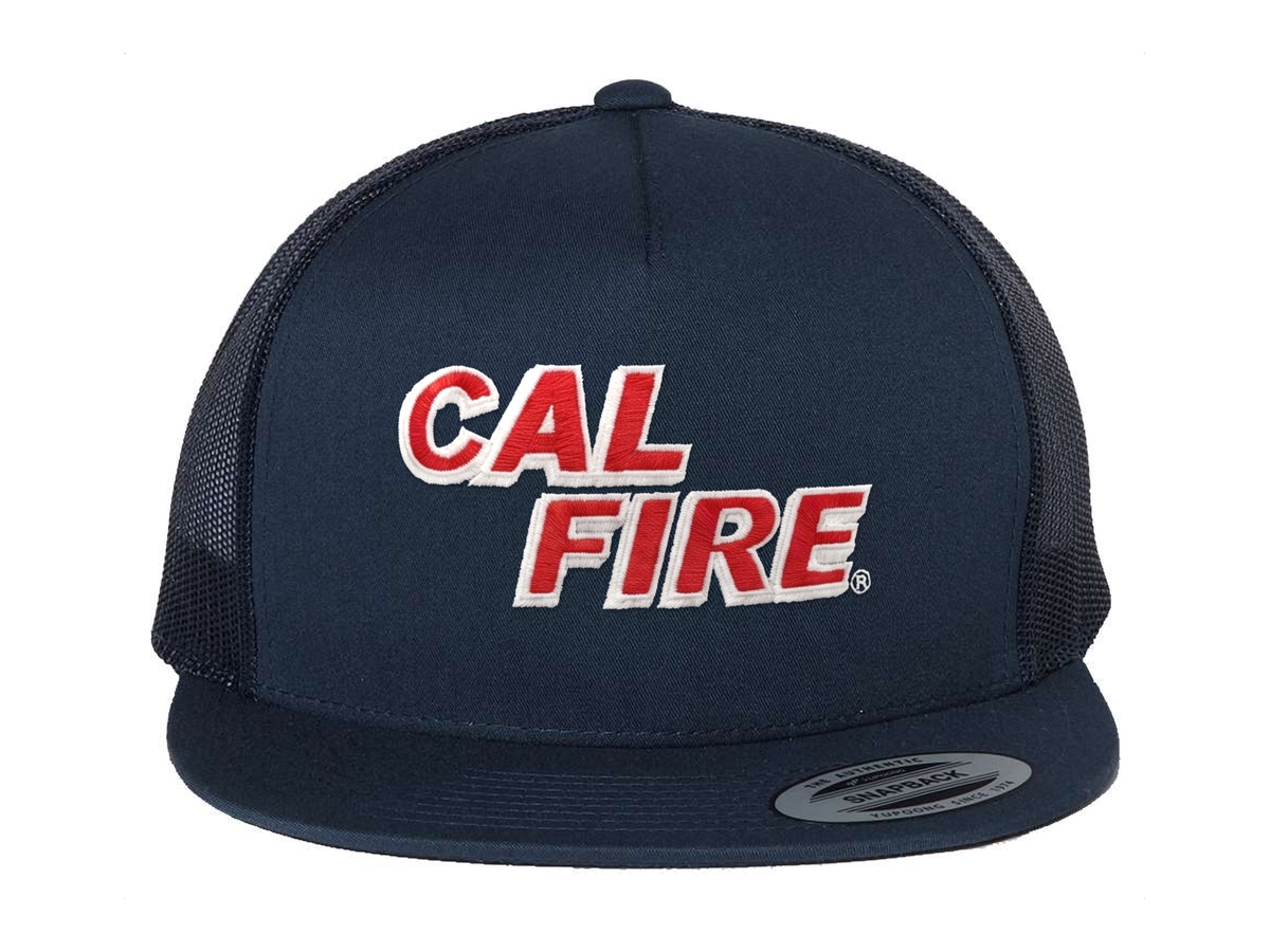 CAL FIRE YP Classics 6006 five-panel trucker hat in navy with red CAL FIRE embroidery - front view