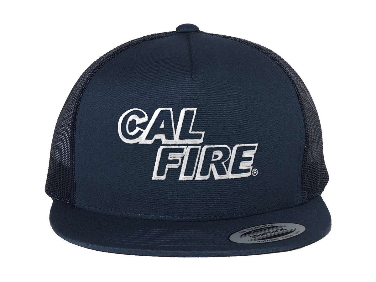 CAL FIRE YP Classics 6006 five-panel trucker hat in navy with white-outline CAL FIRE embroidery (White Text) - front view