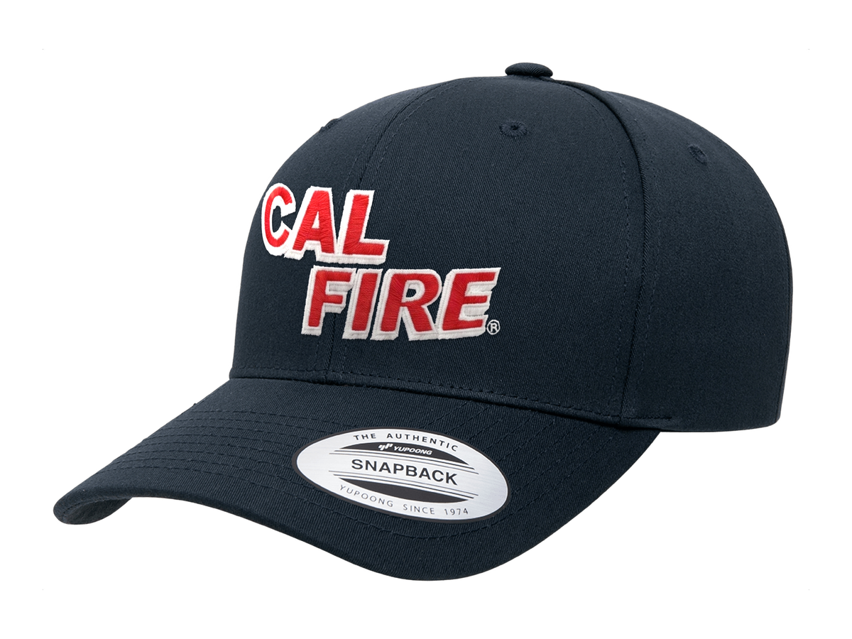 CAL FIRE YP Classics 6389 six-panel structured snapback in navy with red CAL FIRE embroidery - angled left view
