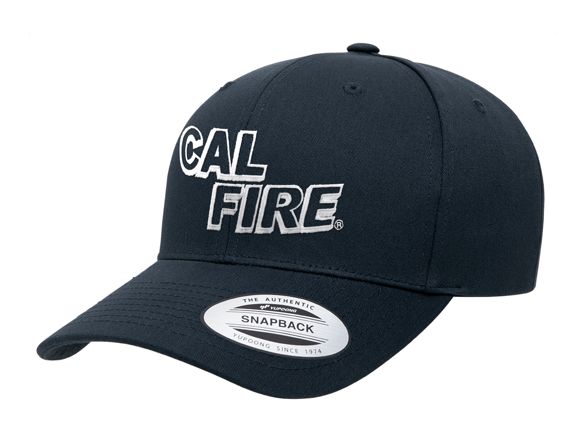 CAL FIRE YP Classics 6389 six-panel structured snapback in navy with white-outline CAL FIRE embroidery (White Text) - angled left view