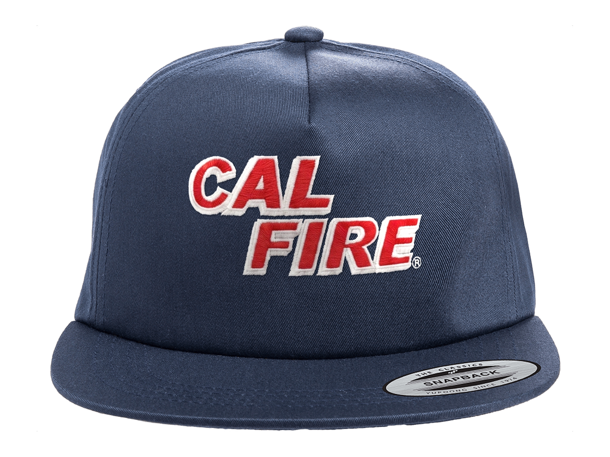 CAL FIRE YP Classics 6502 five-panel flat bill snapback in navy with red CAL FIRE embroidery - front view