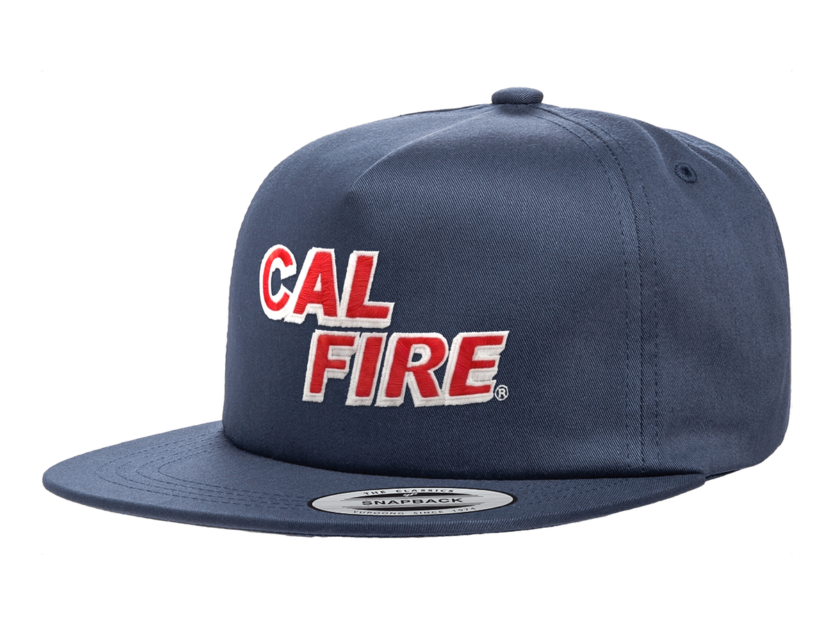 CAL FIRE YP Classics 6502 five-panel flat bill snapback in navy with red CAL FIRE embroidery - angled left view