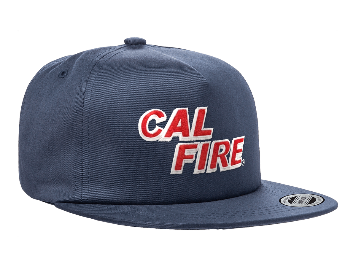 CAL FIRE YP Classics 6502 five-panel flat bill snapback in navy with red CAL FIRE embroidery - angled right view