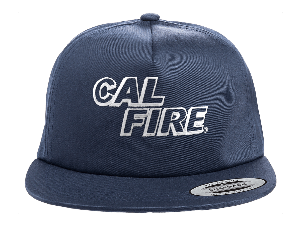 CAL FIRE YP Classics 6502 five-panel flat bill snapback in navy with white-outline CAL FIRE embroidery (White Text) - front view