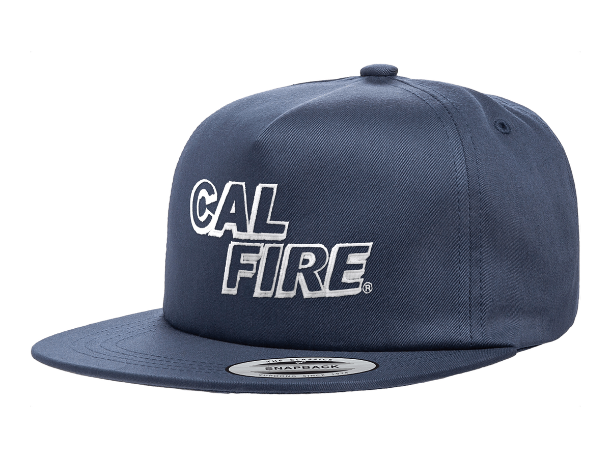 CAL FIRE YP Classics 6502 five-panel flat bill snapback in navy with white-outline CAL FIRE embroidery (White Text) - angled left view