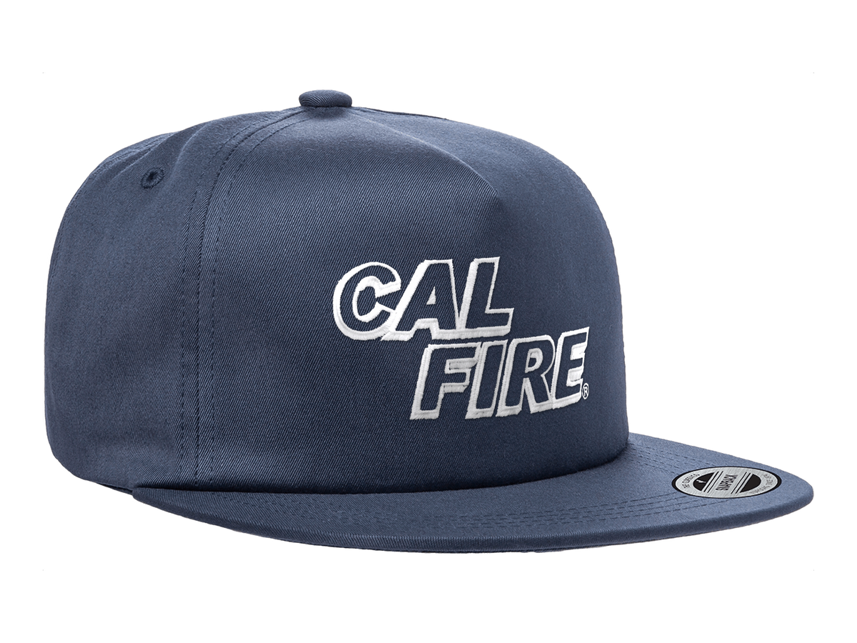 CAL FIRE YP Classics 6502 five-panel flat bill snapback in navy with white-outline CAL FIRE embroidery (White Text) - angled right view