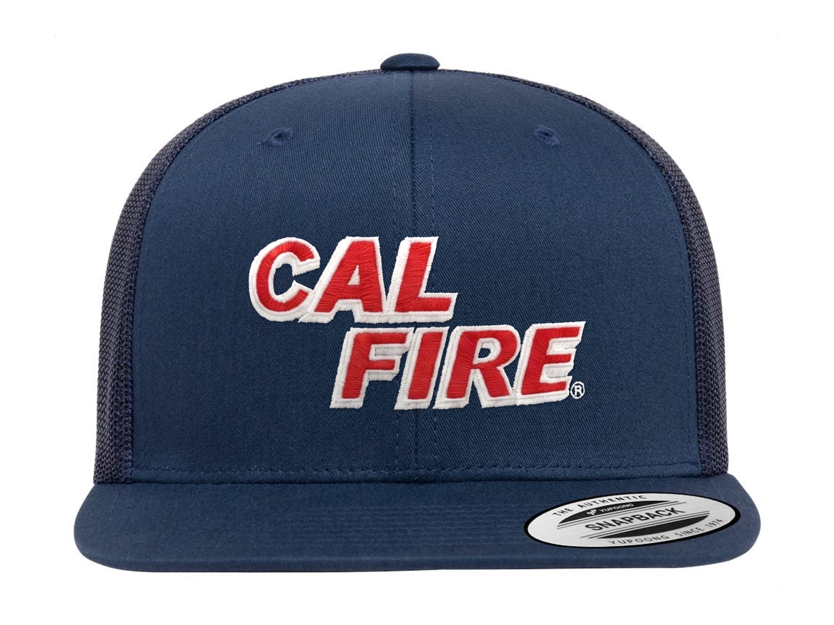 CAL FIRE YP Classics 6609 six-panel high-profile trucker hat in navy with red CAL FIRE embroidery - front view