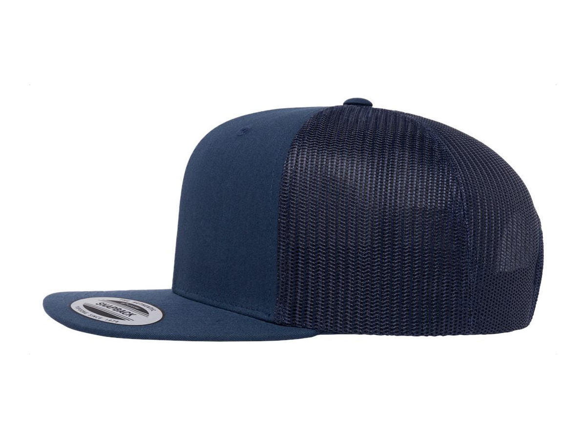 YP Classics 6609 six-panel high-profile trucker hat in navy - side view