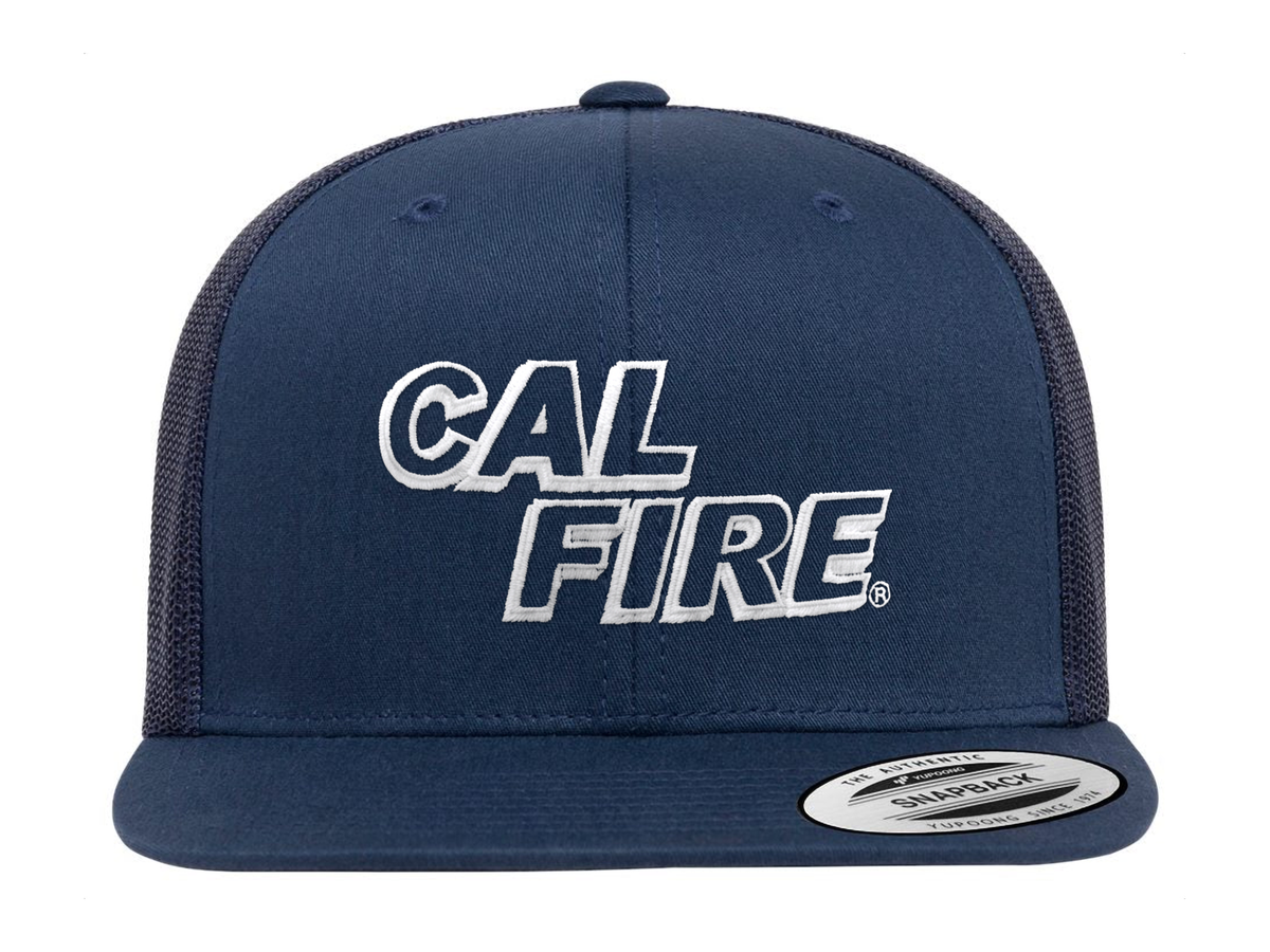 CAL FIRE YP Classics 6609 six-panel high-profile trucker hat in navy with white-outline CAL FIRE embroidery (White Text) - front view