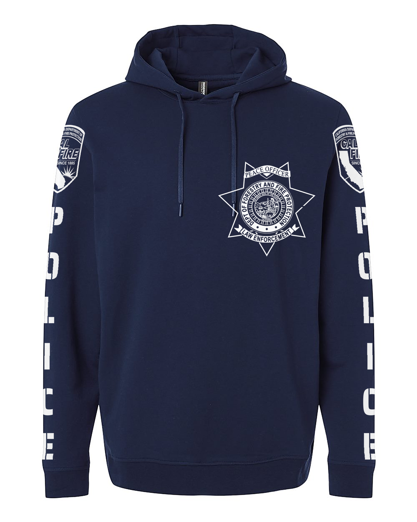CAL FIRE Law Enforcement Performance Sweatshirt by Independent in navy, front view, with the white CAL FIRE Peace Officer seven-point star on the left chest and the CAL FIRE shield and vertical POLICE lettering down each sleeve