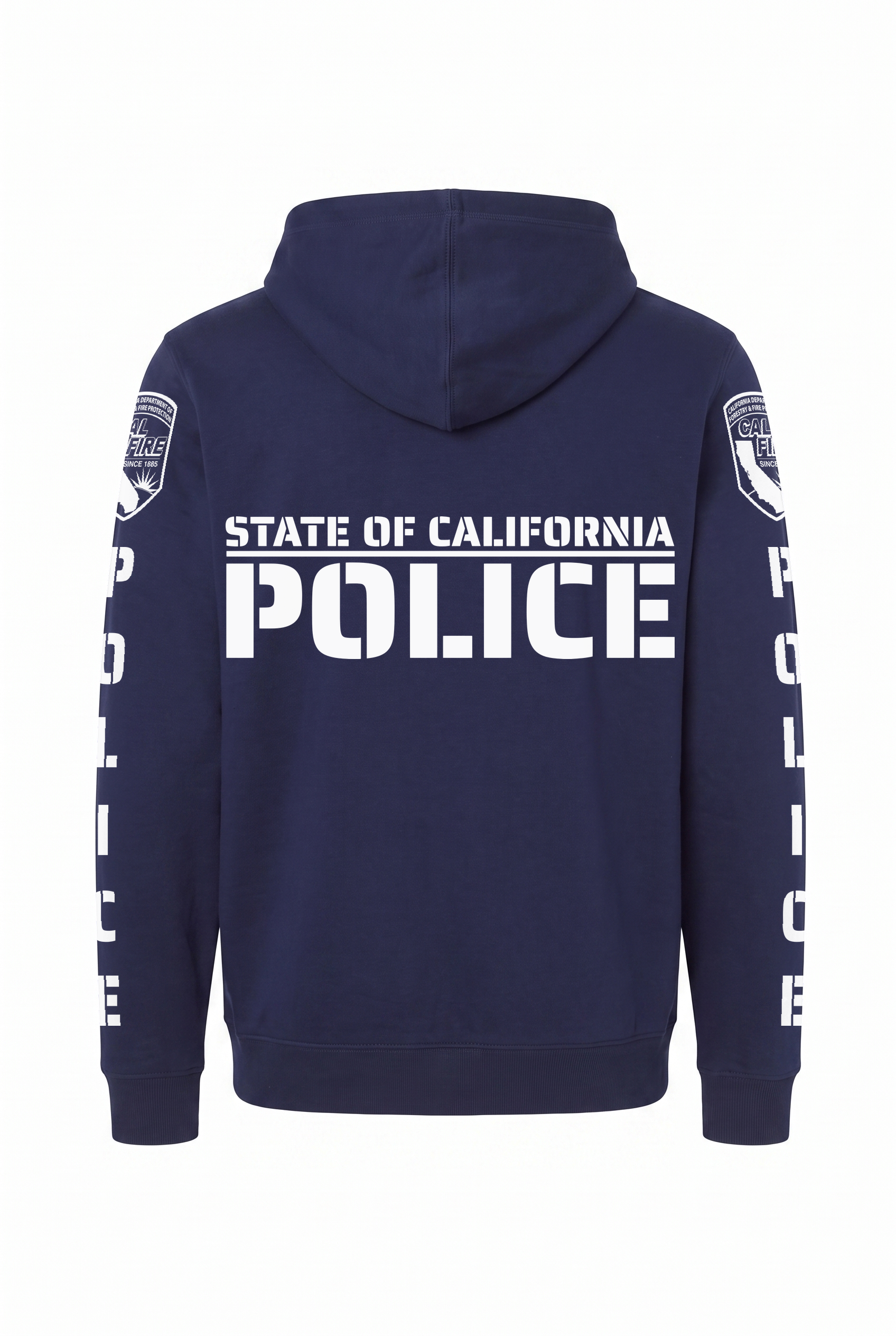 Back of the navy CAL FIRE Law Enforcement Heavyweight Full-Zip Hoodie showing the large white STATE OF CALIFORNIA over POLICE print, with the CAL FIRE shield on each shoulder and vertical POLICE lettering down both sleeves