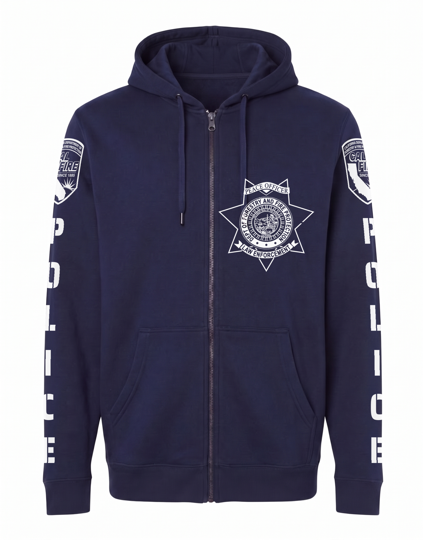 CAL FIRE Law Enforcement Heavyweight Full-Zip Hoodie by Independent in navy, front view, with the white CAL FIRE Peace Officer seven-point star on the left chest and the CAL FIRE shield and vertical POLICE lettering down each sleeve