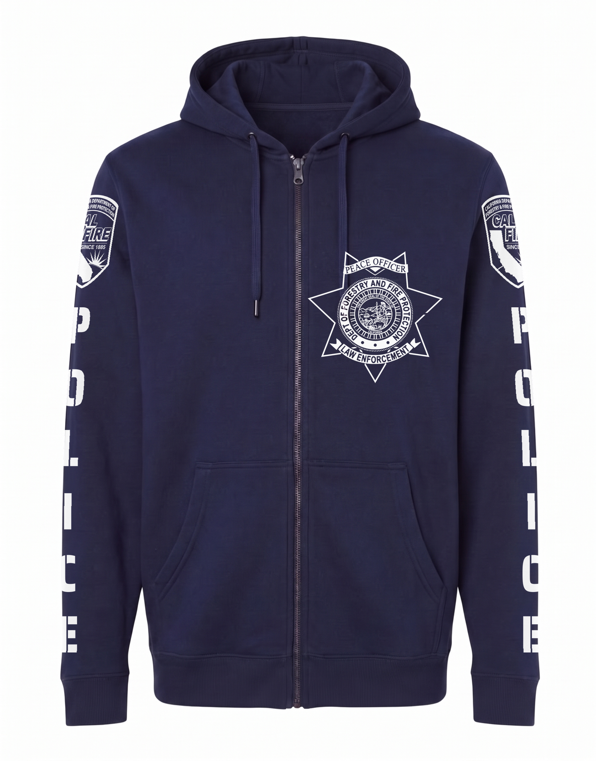 CAL FIRE Law Enforcement Heavyweight Full-Zip Hoodie by Independent in navy, front view, with the white CAL FIRE Peace Officer seven-point star on the left chest and the CAL FIRE shield and vertical POLICE lettering down each sleeve