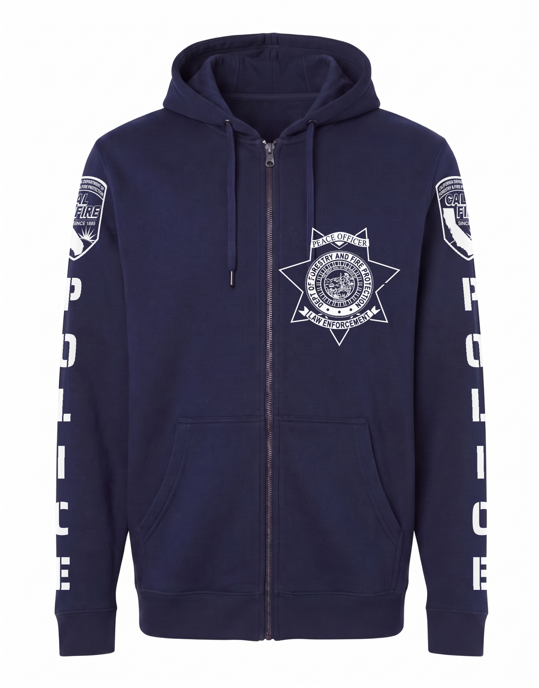 CAL FIRE Law Enforcement Heavyweight Full-Zip Hoodie by Independent in navy, front view, with the white CAL FIRE Peace Officer seven-point star on the left chest and the CAL FIRE shield and vertical POLICE lettering down each sleeve