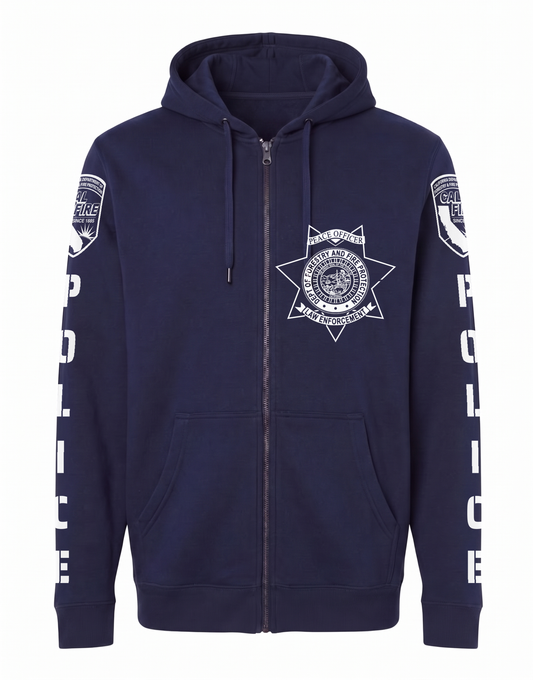 CAL FIRE Law Enforcement Heavyweight Full-Zip Hoodie by Independent in navy, front view, with the white CAL FIRE Peace Officer seven-point star on the left chest and the CAL FIRE shield and vertical POLICE lettering down each sleeve