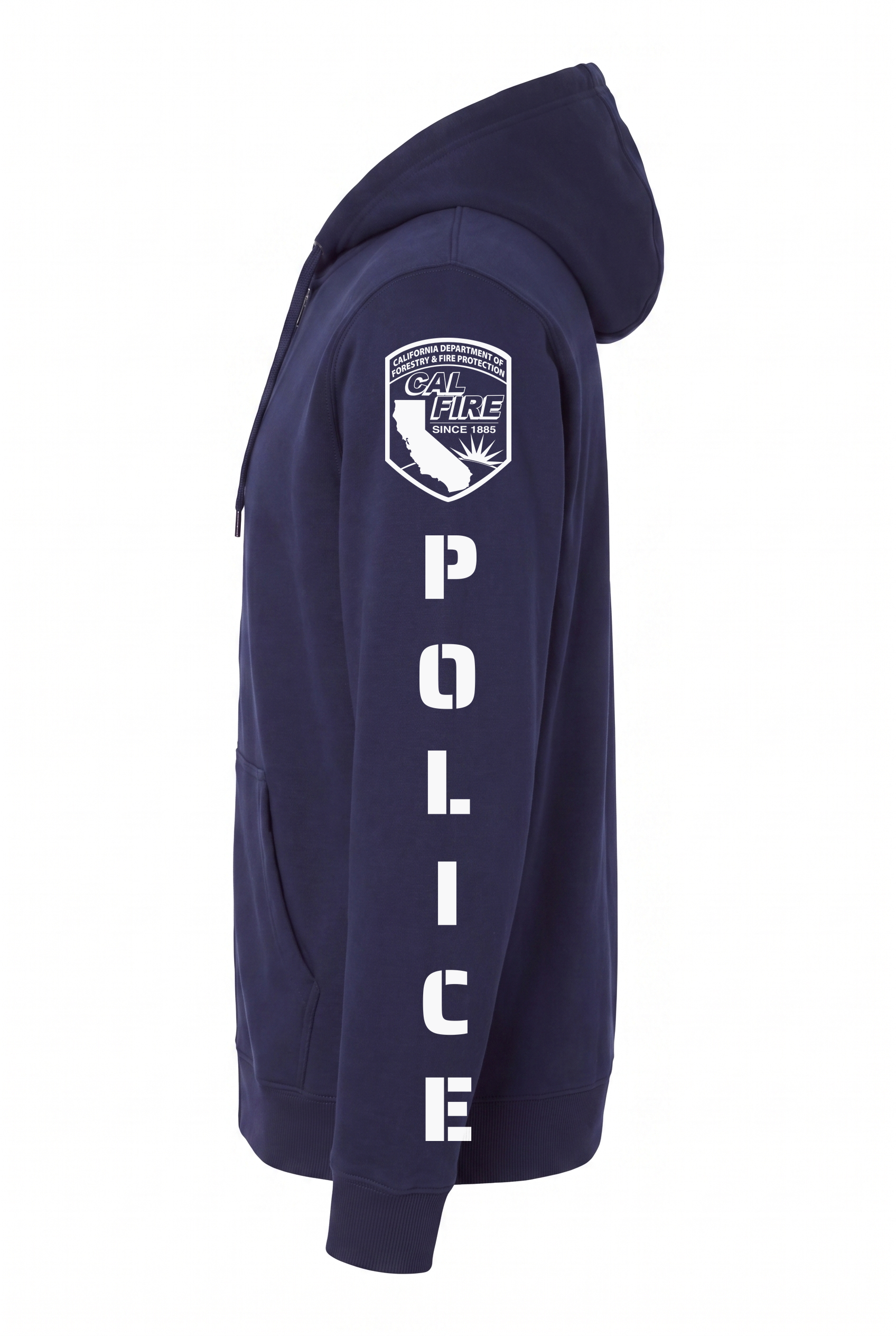 Side profile of the navy CAL FIRE Law Enforcement Heavyweight Full-Zip Hoodie showing the full sleeve print - the CAL FIRE shield on the shoulder above vertical POLICE lettering running down the arm