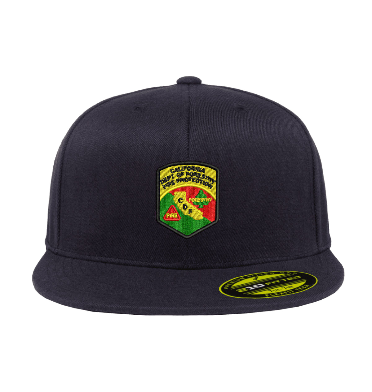 CDF Flexfit 210 Flat Bill hat, CDF shield and tomato logo