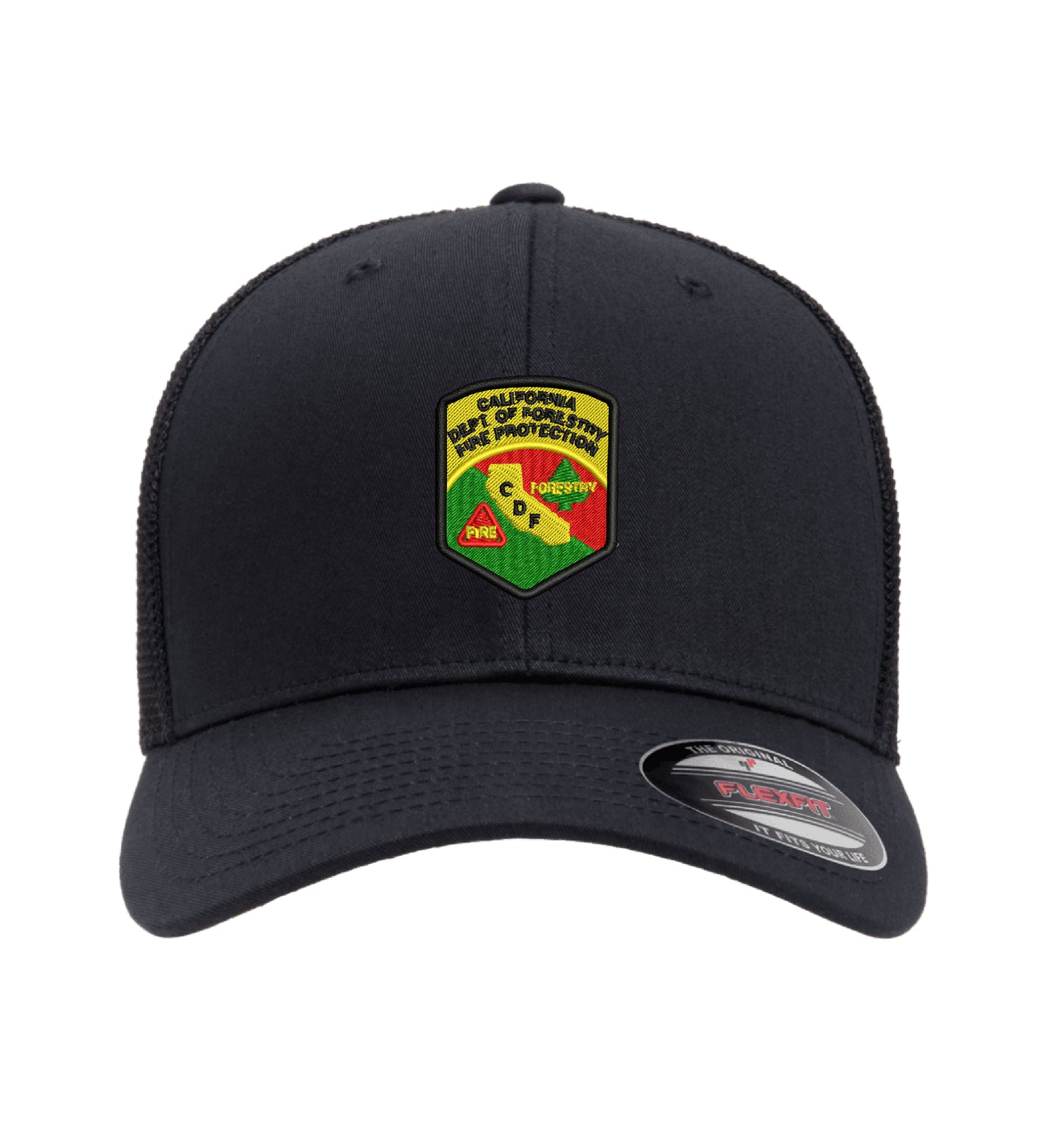 CDF Flexfit 6511 Mesh-Back hat, CDF shield and tomato logo