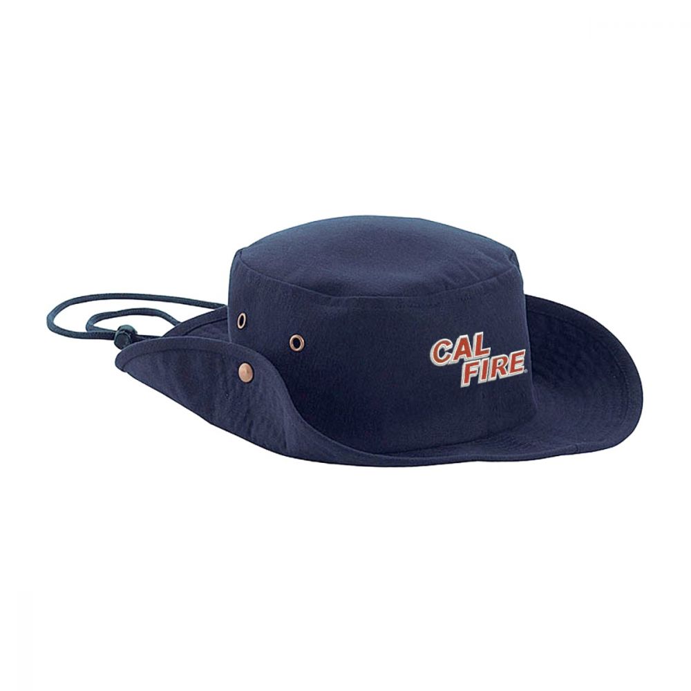 Navy CAL FIRE Aussie-style boonie hat, front view with the red CAL FIRE wordmark on the brim band.