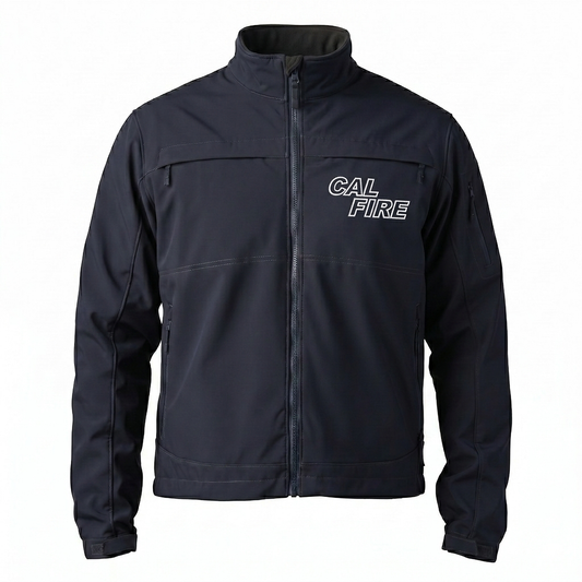 Navy CAL FIRE 5.11 Chameleon softshell jacket 2.0, front view with the white-outline CAL FIRE wordmark on the left chest.