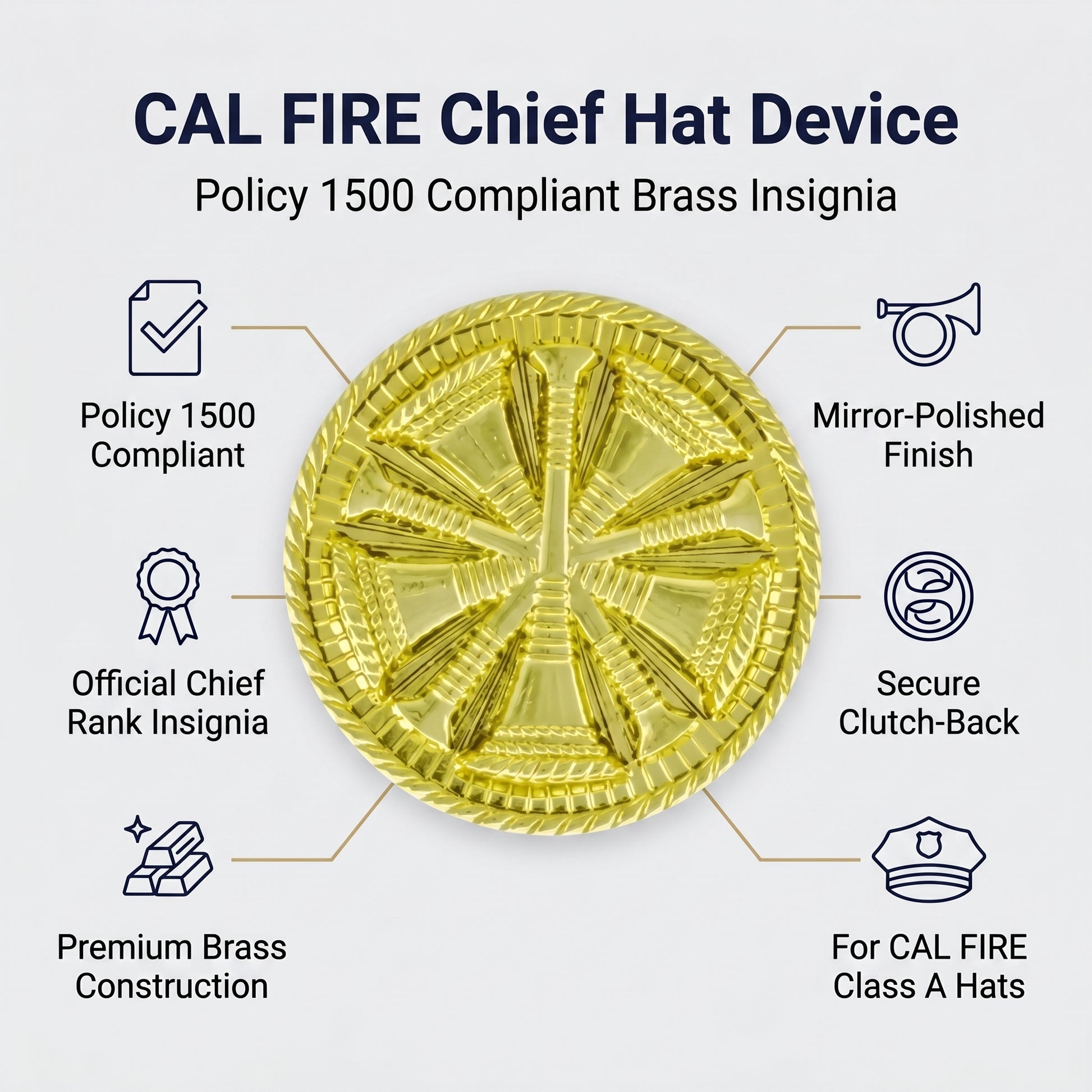 CAL FIRE Chief Hat Device features - Policy 1500 compliant, official Chief rank insignia, premium brass, mirror-polished, secure clutch-back, for Class A hats