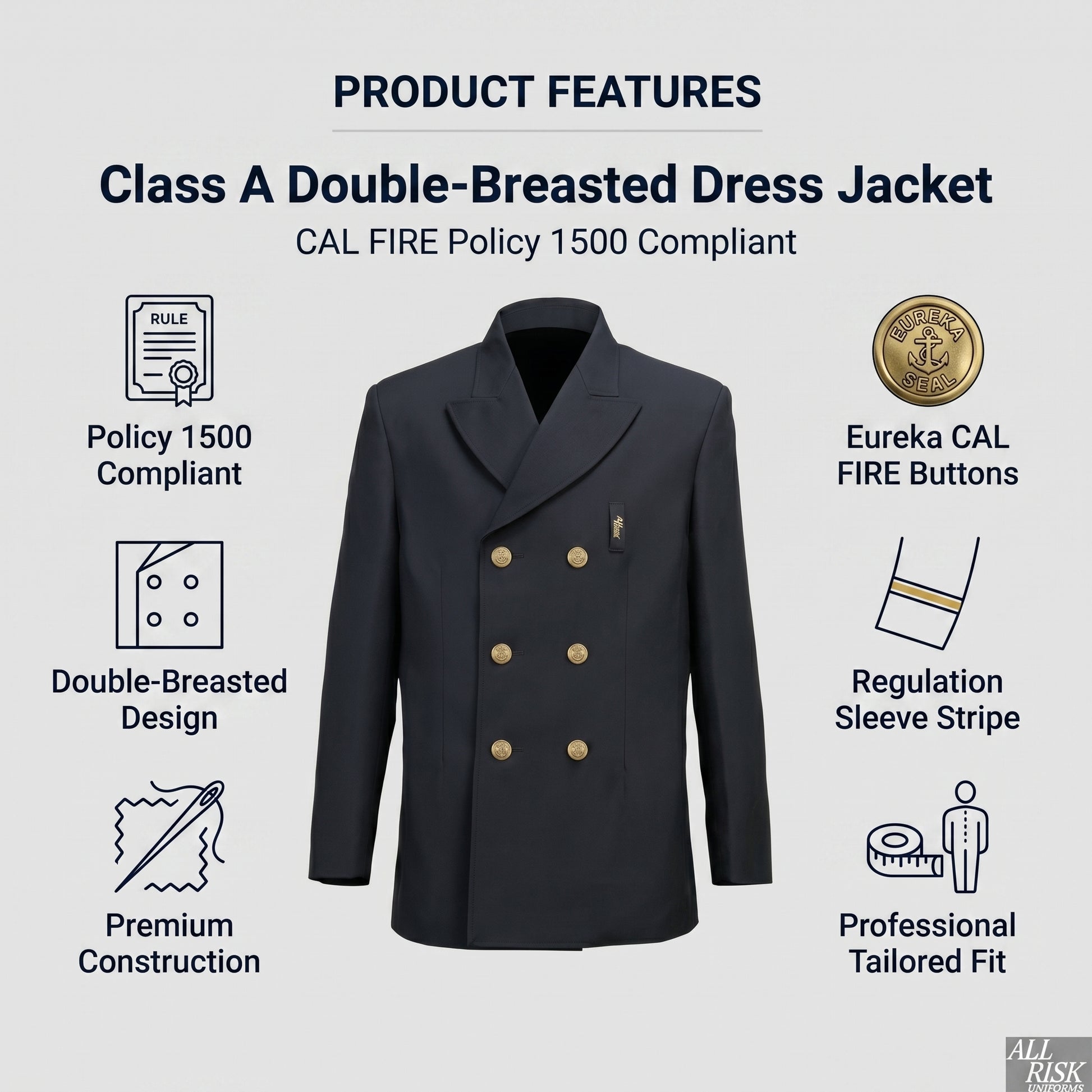 Class A Double-Breasted Dress Jacket features - CAL FIRE Policy 1500 compliant, Eureka buttons, regulation sleeve stripe, premium tailored construction