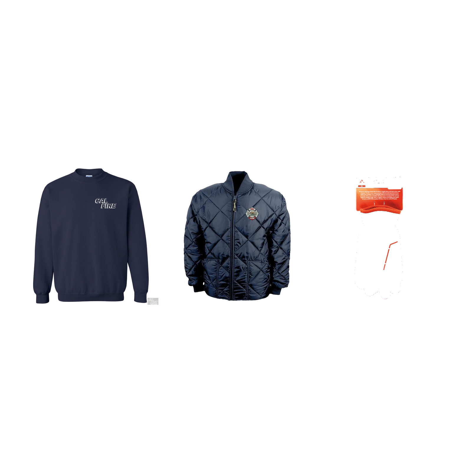 CAL FIRE Cold Weather Kit — crewneck sweatshirt, L2881 puffy jacket, and FR gloves.