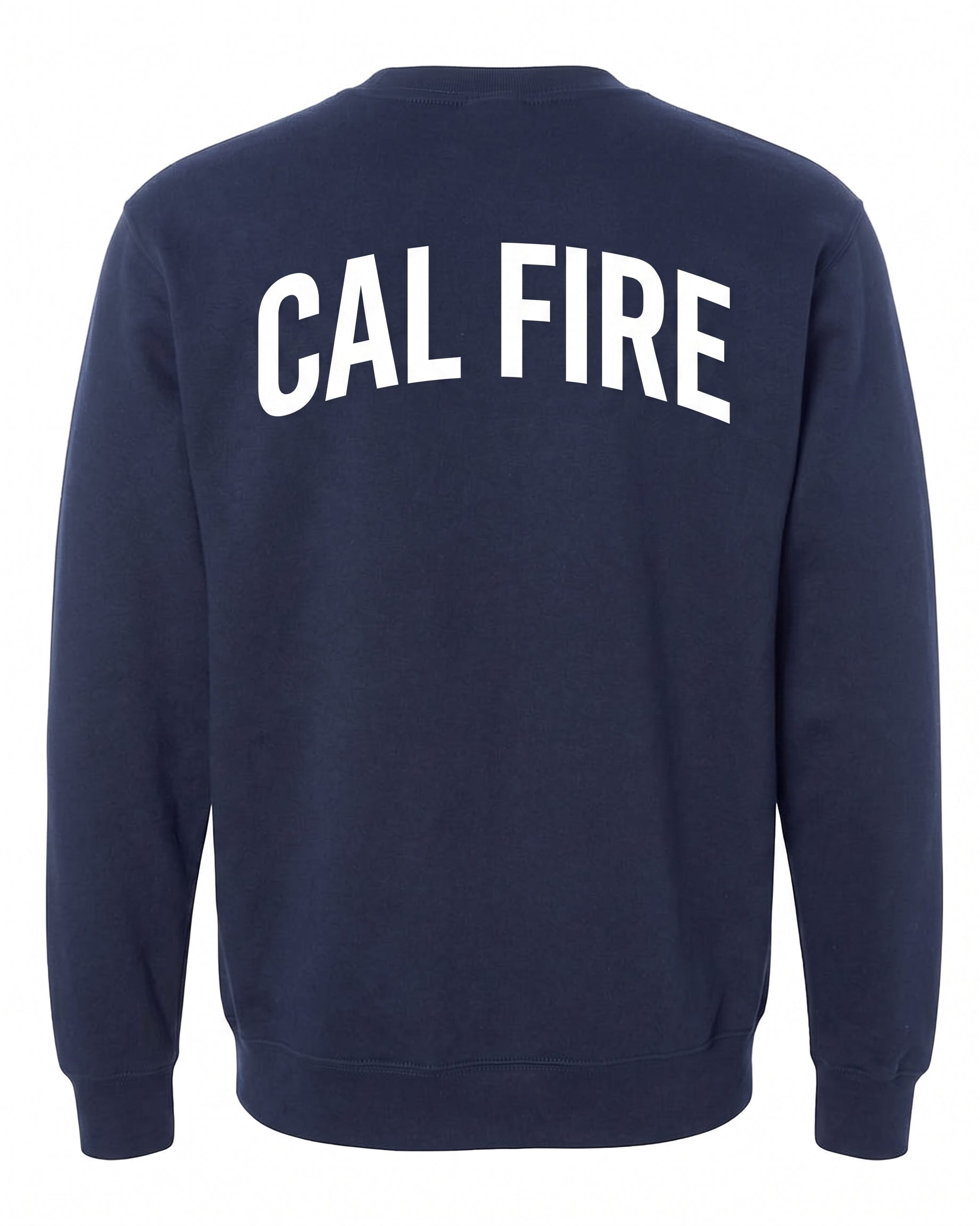 CAL FIRE Crew Neck Sweatshirt by Independent in navy, back view, white CAL FIRE wordmark arched across the shoulders