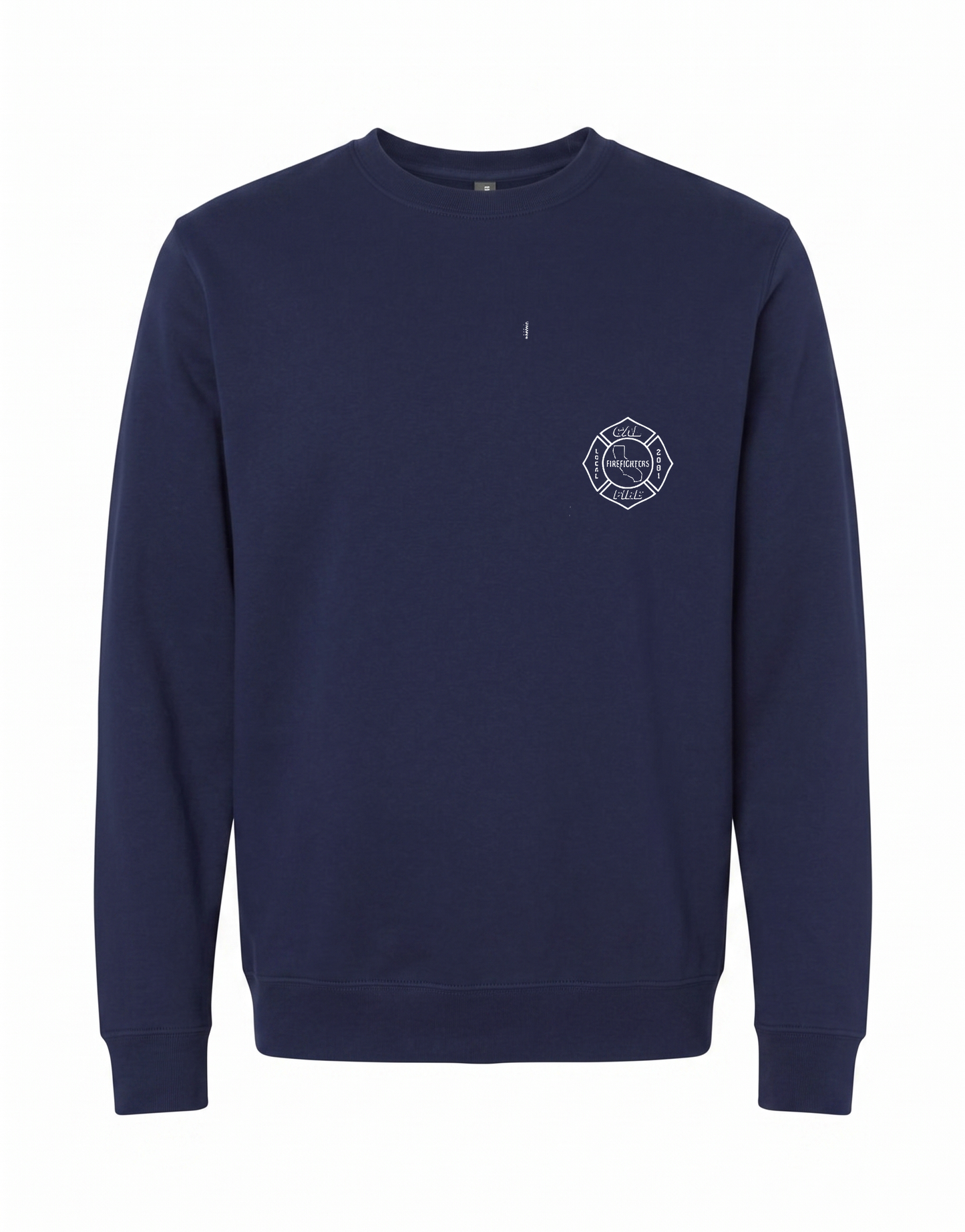CAL FIRE Crew Neck Sweatshirt by Independent in navy, front view, white Firefighters Local 2881 maltese-cross chest logo