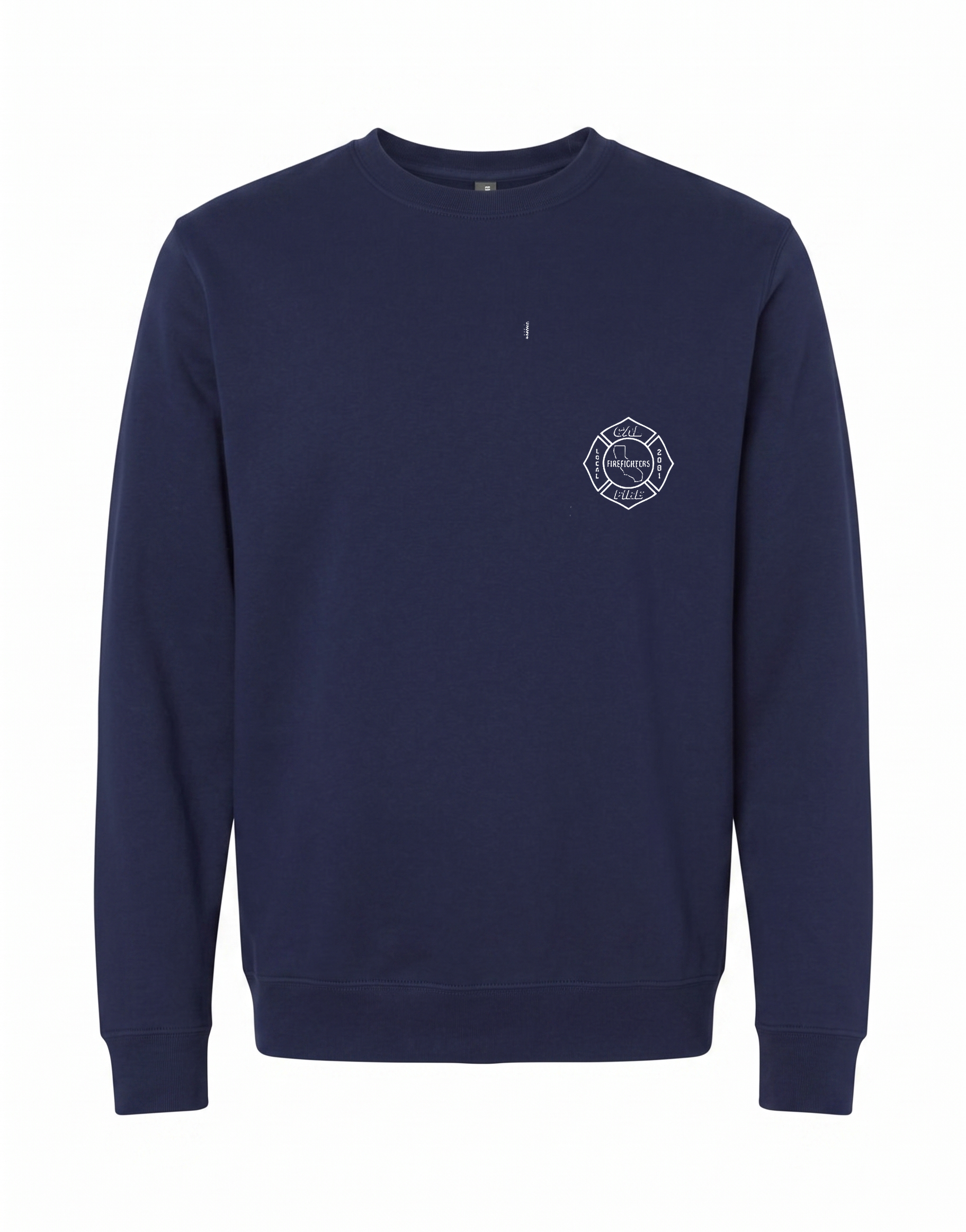 CAL FIRE Crew Neck Sweatshirt by Independent in navy, front view, white Firefighters Local 2881 maltese-cross chest logo