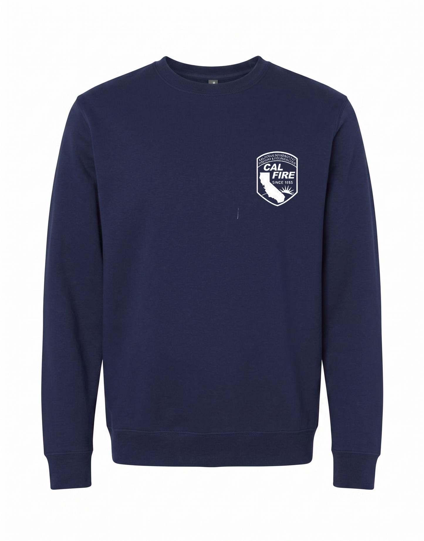 CAL FIRE Crew Neck Sweatshirt by Independent in navy, front view, white CAL FIRE arrowhead shield crest on the chest