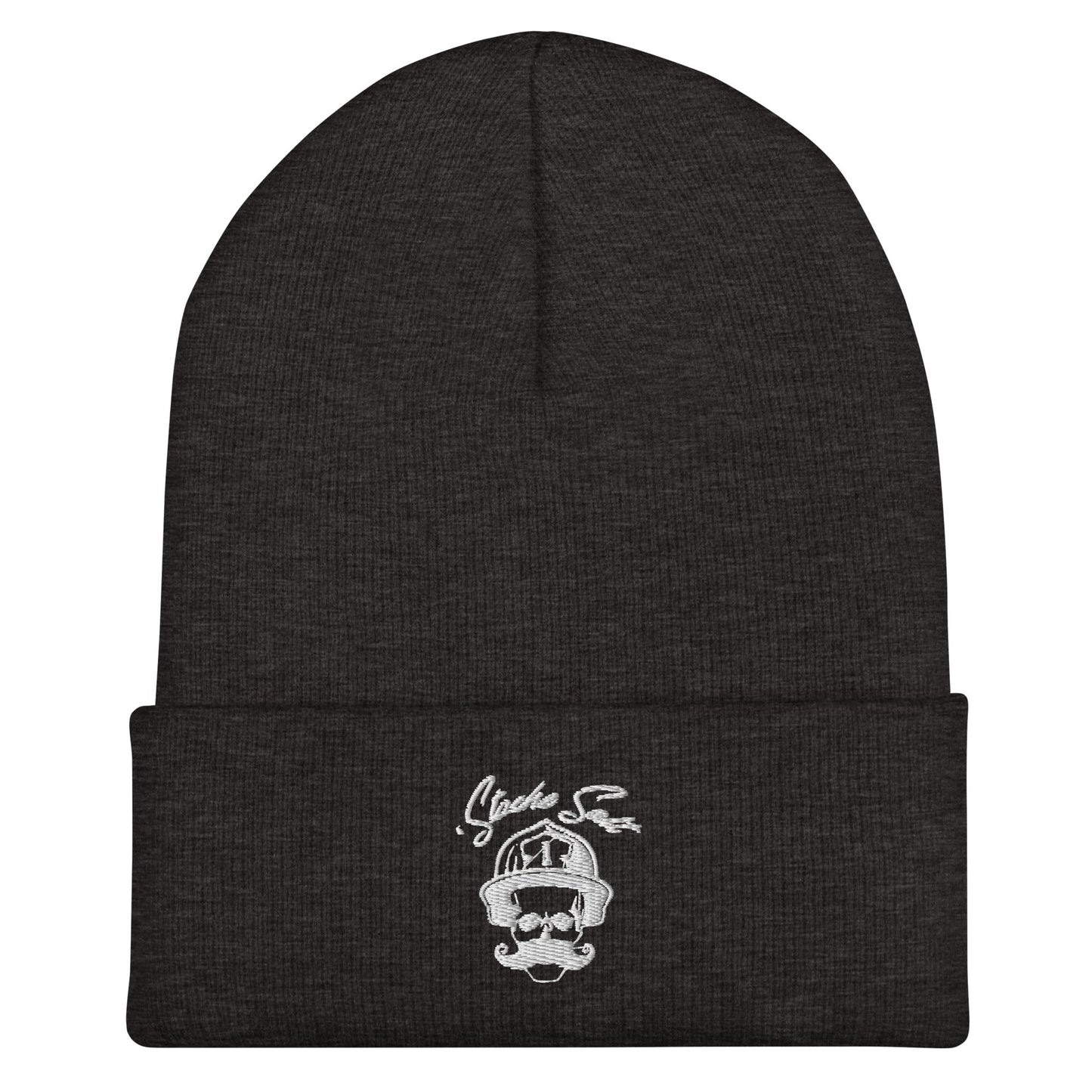 'Stache Salt Beanie in Grey — front view