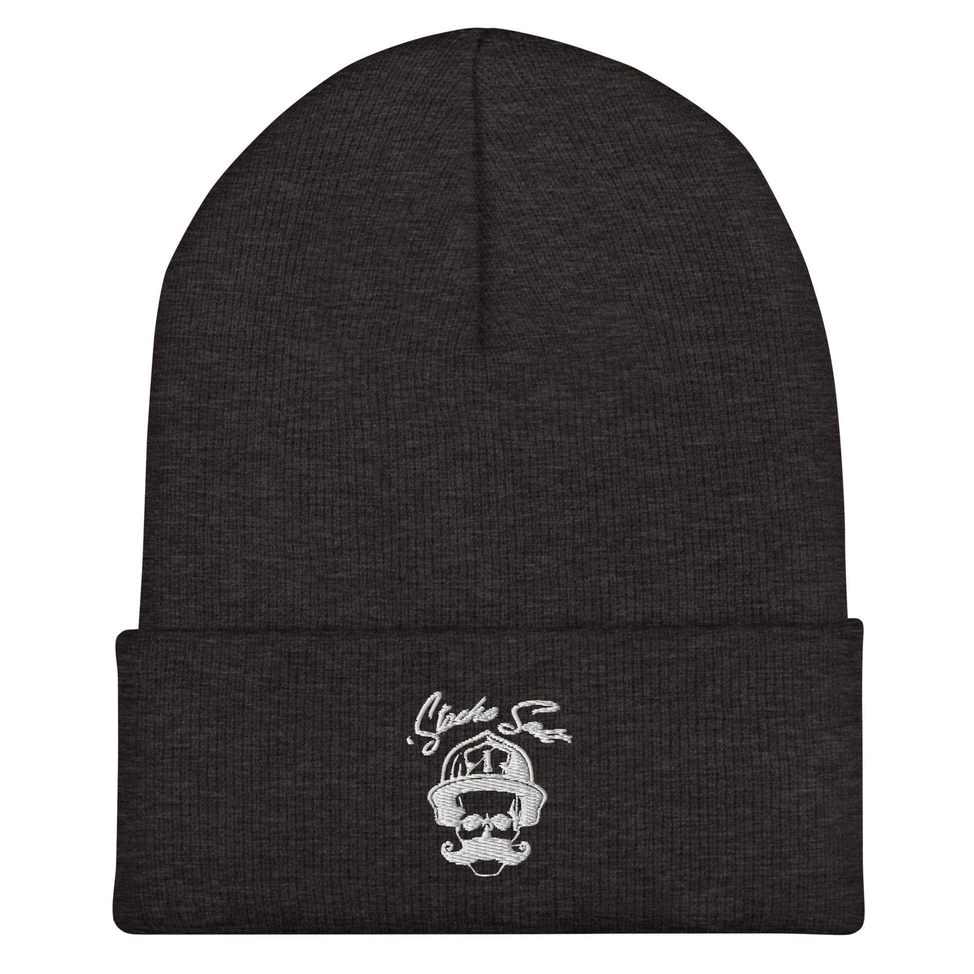 'Stache Salt Beanie in Grey — front view