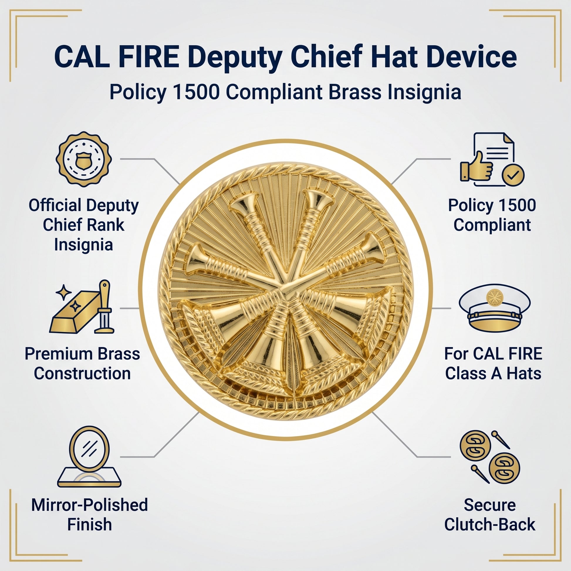 CAL FIRE Deputy Chief Hat Device features - Policy 1500 compliant, official Deputy Chief rank insignia, premium brass, mirror-polished, secure clutch-back, for Class A hats