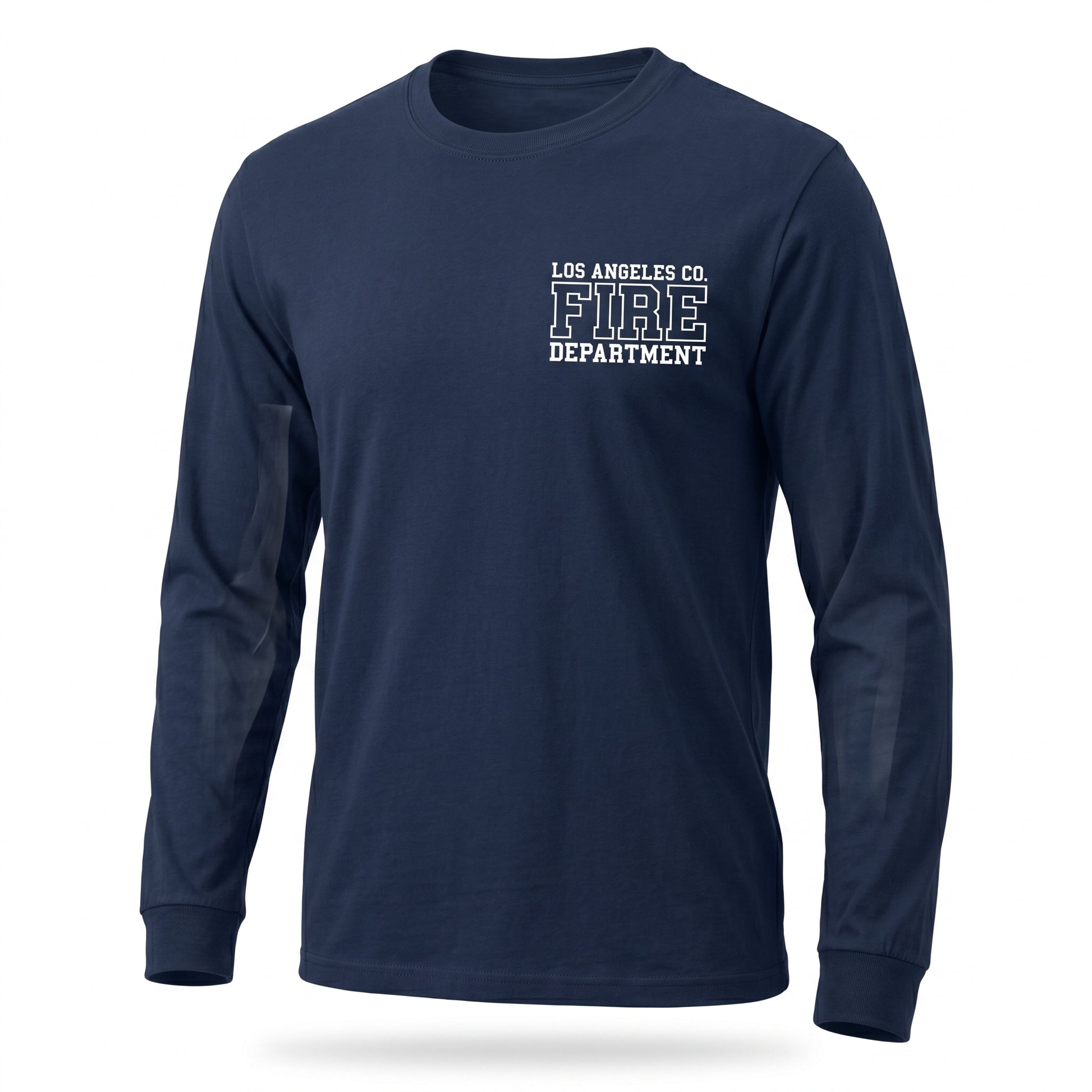 Los Angeles County Fire Department DFND men's long sleeve navy shirt, three-quarter angle view