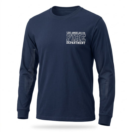 Los Angeles County Fire Department DFND men's long sleeve navy shirt, three-quarter angle view