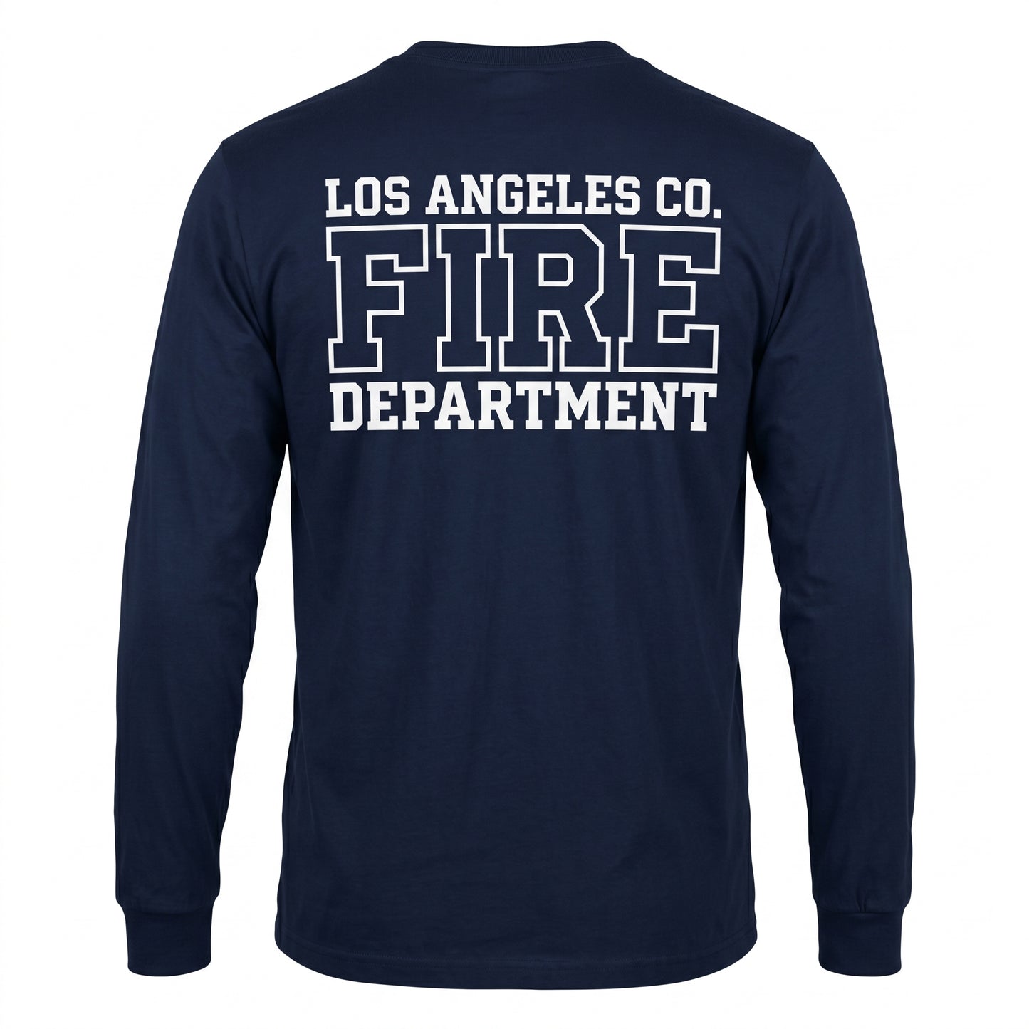 Los Angeles County Fire Department DFND men's long sleeve navy shirt, back view with large LACoFD logo across the shoulders