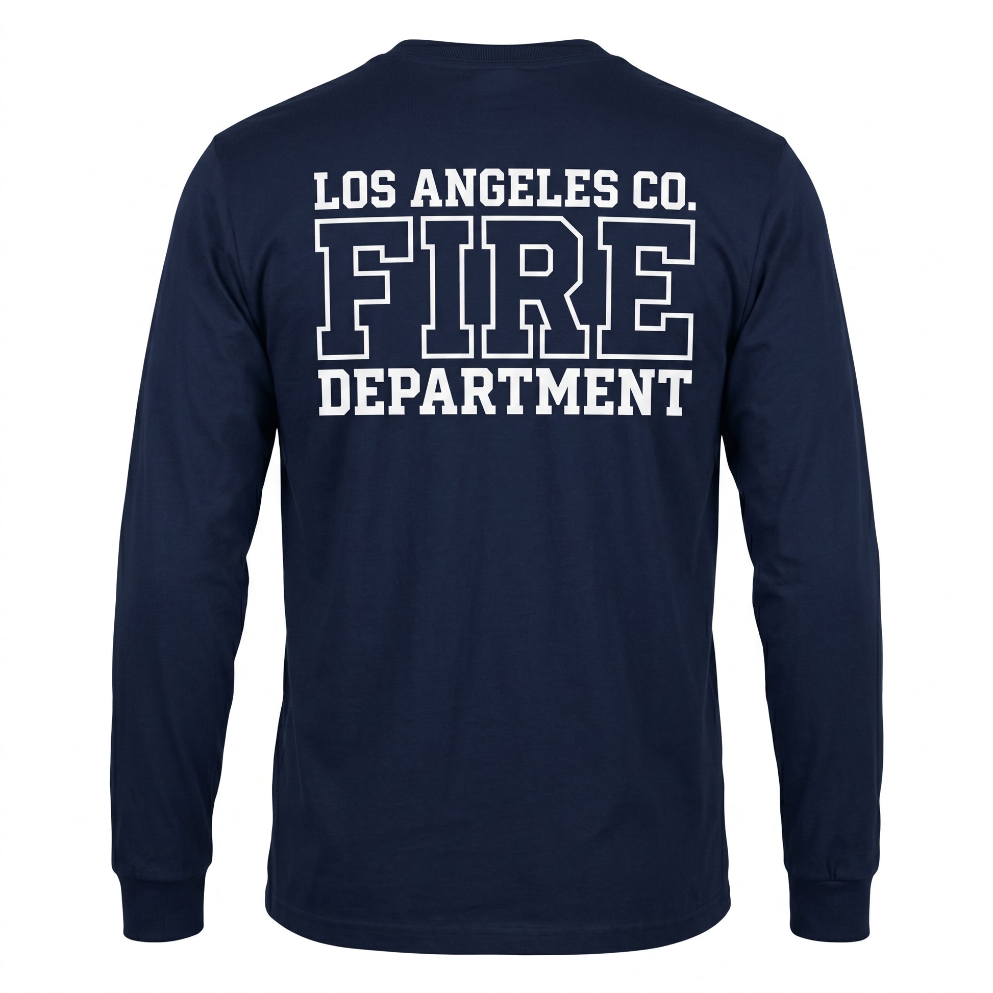 Los Angeles County Fire Department DFND men's long sleeve navy shirt, back view with large LACoFD logo across the shoulders