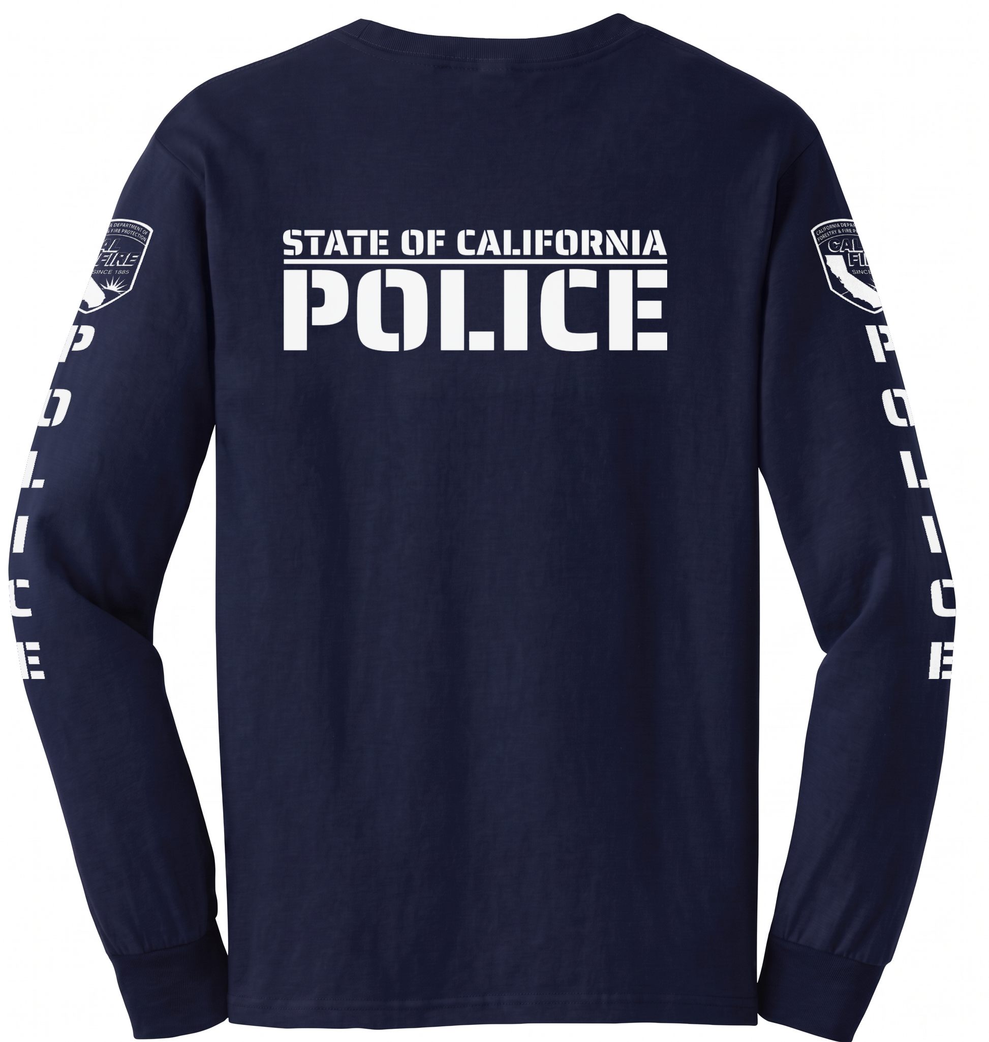 Back of the navy DFND flame-resistant long-sleeve CAL FIRE Law Enforcement shirt showing the large white STATE OF CALIFORNIA over POLICE print, with the CAL FIRE shield on each shoulder and vertical POLICE lettering down both sleeves
