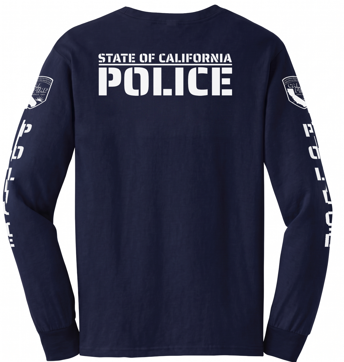 Back of the navy DFND flame-resistant long-sleeve CAL FIRE Law Enforcement shirt showing the large white STATE OF CALIFORNIA over POLICE print, with the CAL FIRE shield on each shoulder and vertical POLICE lettering down both sleeves