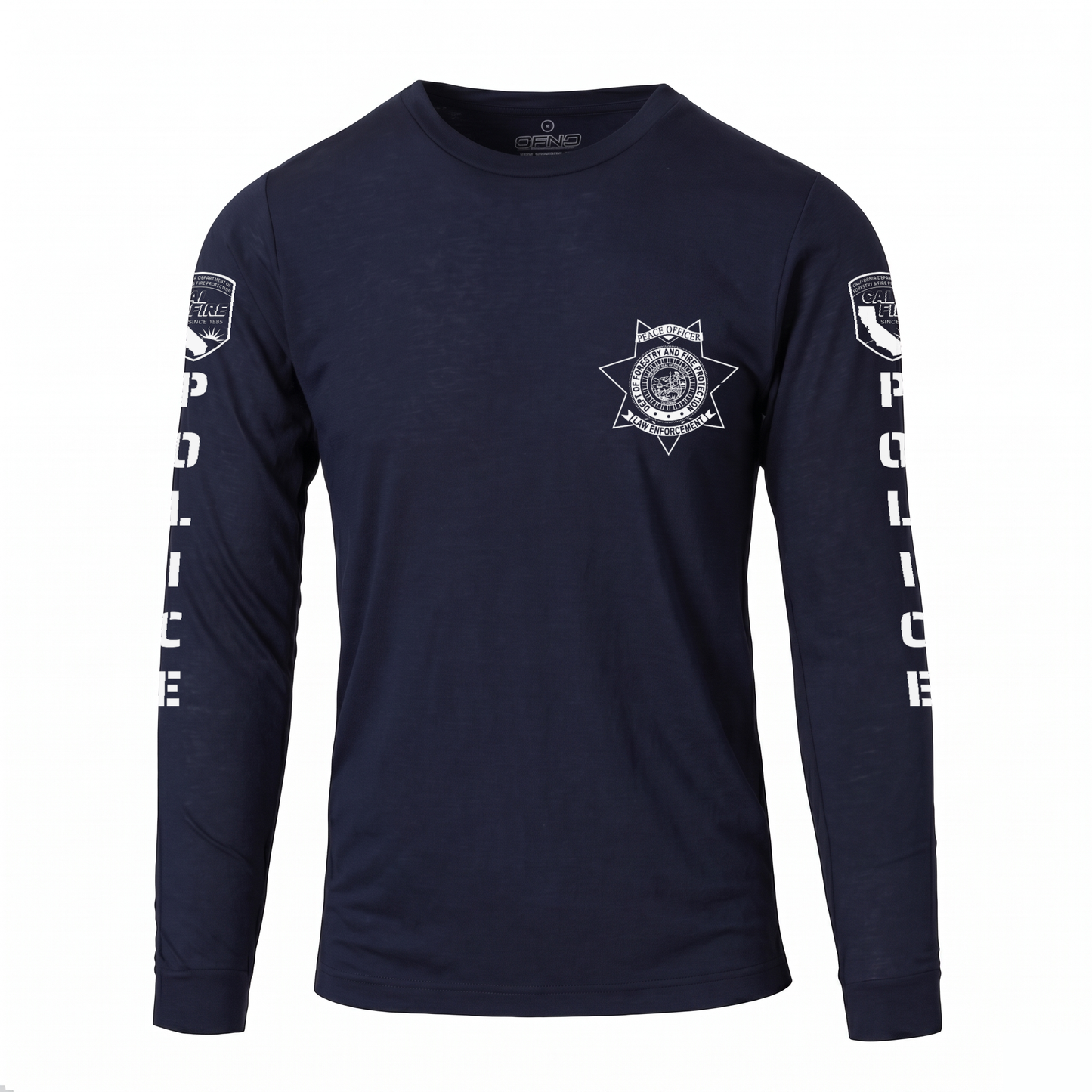 Navy DFND flame-resistant long-sleeve CAL FIRE Law Enforcement shirt, front view, with the white CAL FIRE Peace Officer seven-point star badge on the left chest and the CAL FIRE shield and vertical POLICE lettering down each sleeve