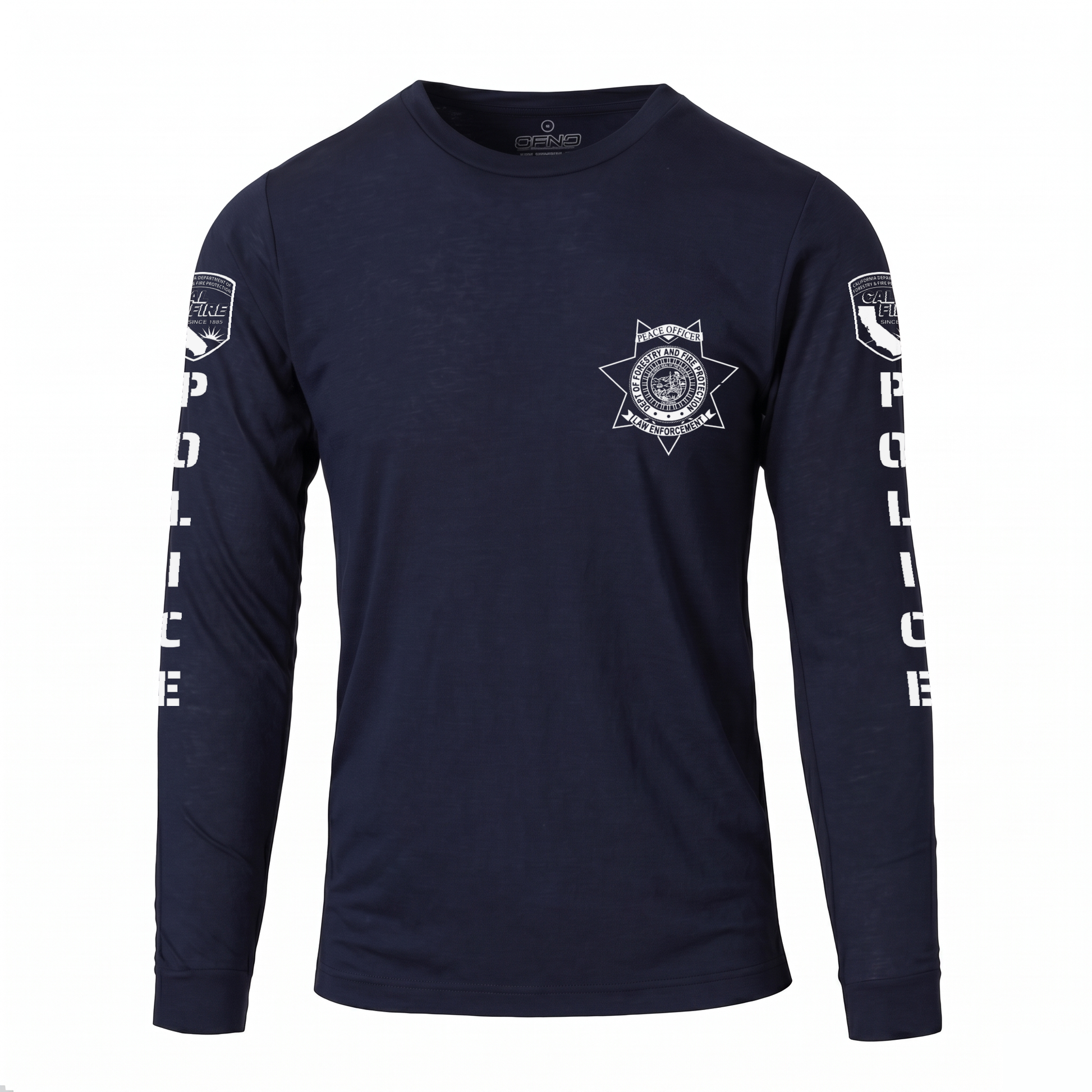 Navy DFND flame-resistant long-sleeve CAL FIRE Law Enforcement shirt, front view, with the white CAL FIRE Peace Officer seven-point star badge on the left chest and the CAL FIRE shield and vertical POLICE lettering down each sleeve
