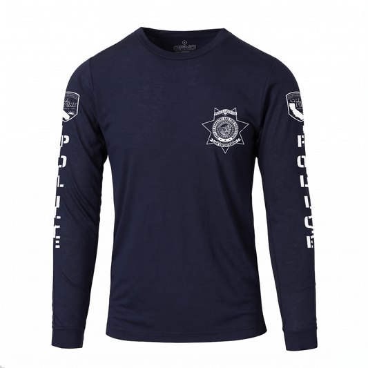 Navy DFND flame-resistant long-sleeve CAL FIRE Law Enforcement shirt, front view, with the white CAL FIRE Peace Officer seven-point star badge on the left chest and the CAL FIRE shield and vertical POLICE lettering down each sleeve