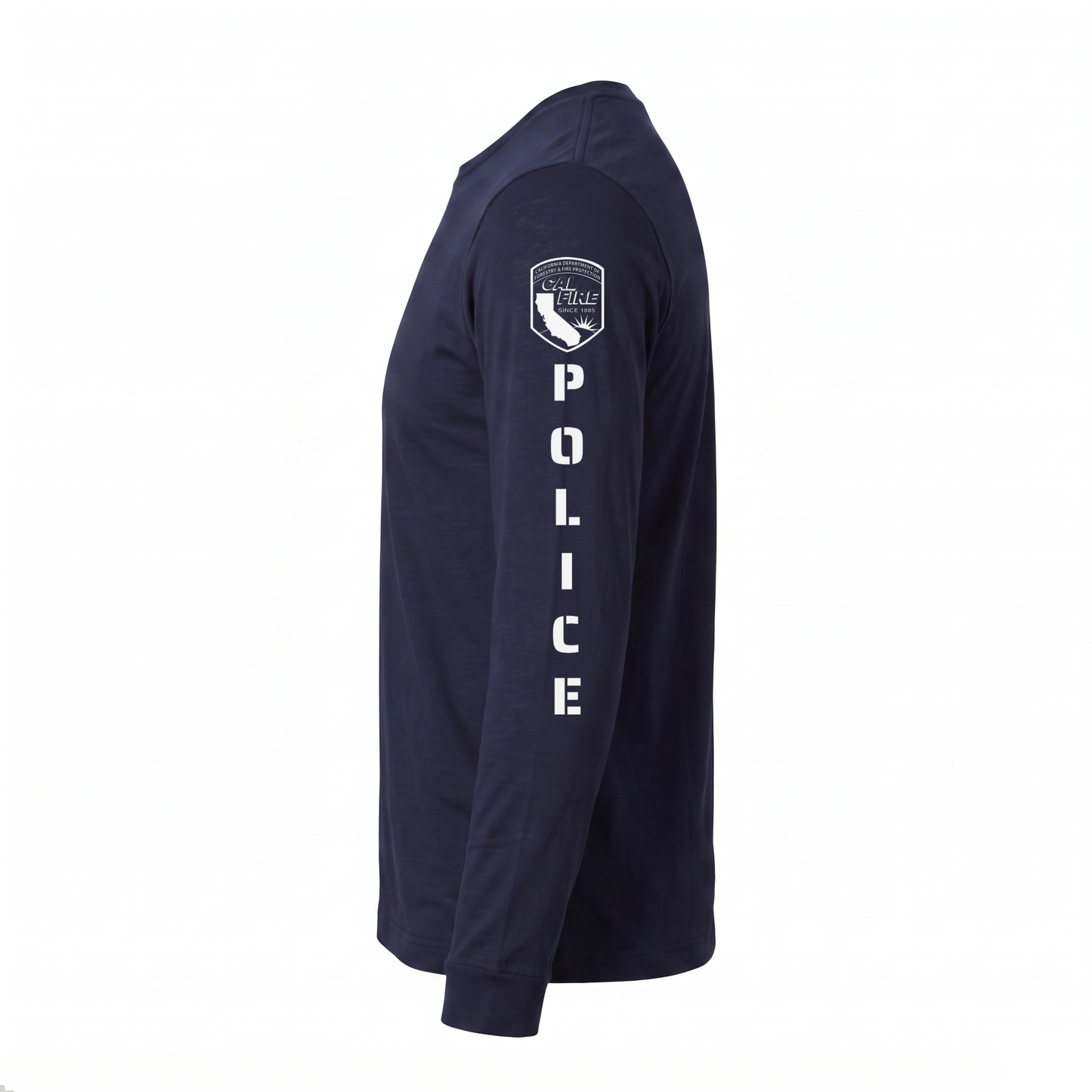 Side profile of the navy DFND flame-resistant long-sleeve CAL FIRE Law Enforcement shirt showing the full sleeve print - the CAL FIRE shield on the shoulder above vertical POLICE lettering running down the arm