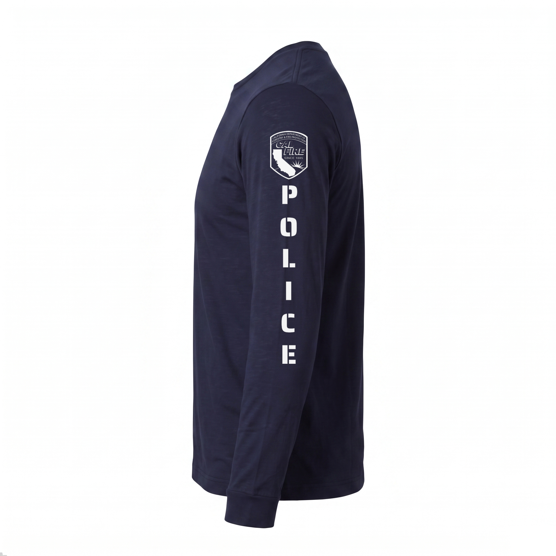 Side profile of the navy DFND flame-resistant long-sleeve CAL FIRE Law Enforcement shirt showing the full sleeve print - the CAL FIRE shield on the shoulder above vertical POLICE lettering running down the arm