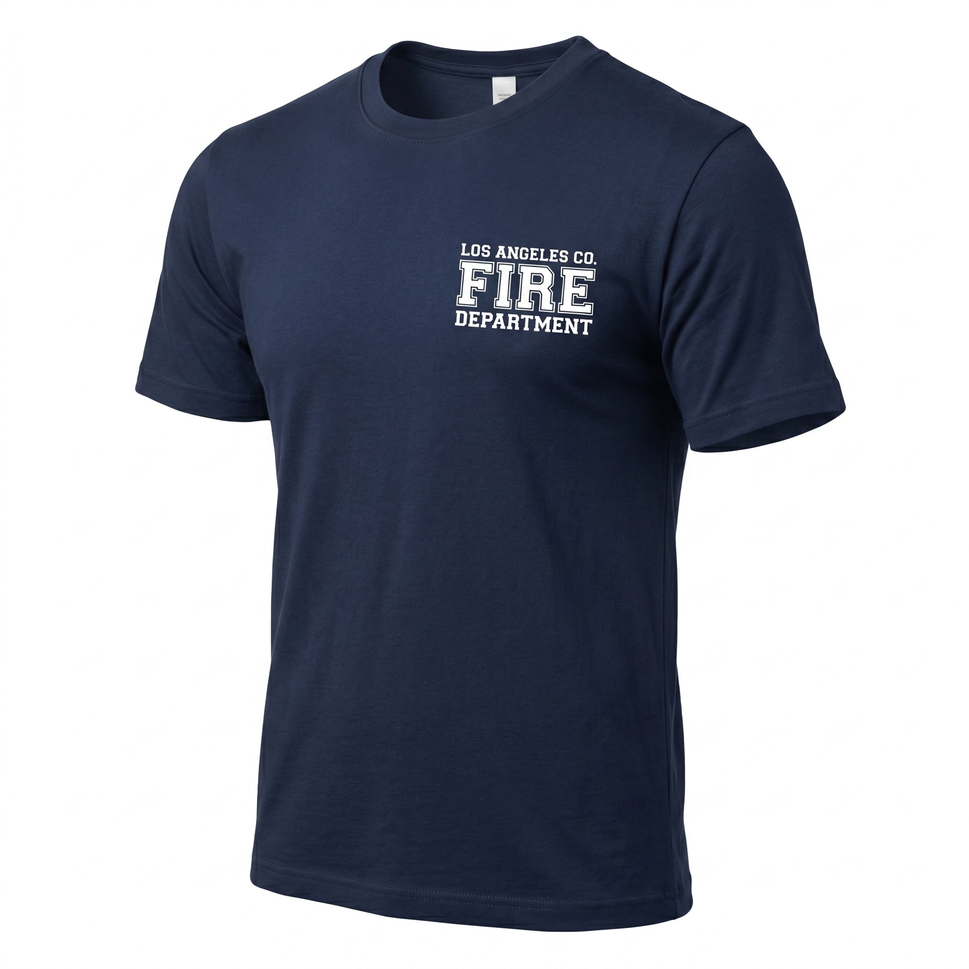 Los Angeles County Fire Department DFND men's short sleeve navy shirt, three-quarter angle view