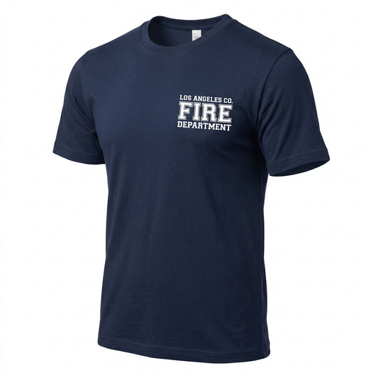 Los Angeles County Fire Department DFND men's short sleeve navy shirt, three-quarter angle view